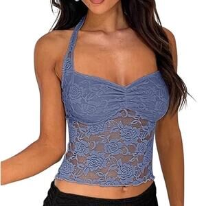 NWT ~ Light Blue Floral Lace Backless Halter Top ~ Women's Size SMALL